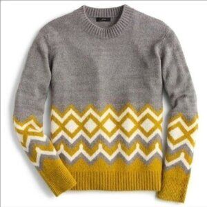 J. Crew Geometric Fair Isle Crewneck Sweater Gold Gray Cream Wool Medium